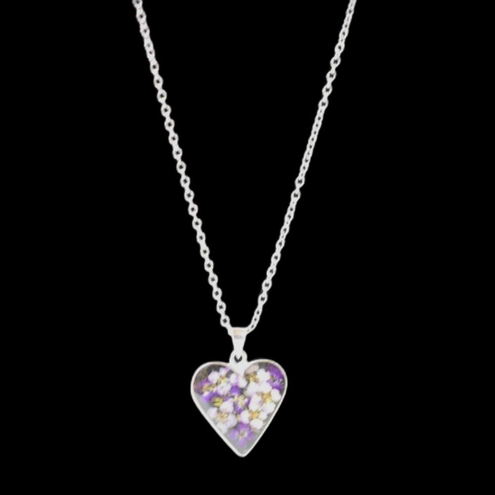 Mexico ATI 925 Silver Elegant Blown Glass Encased Floral Bouquet Heart Necklace